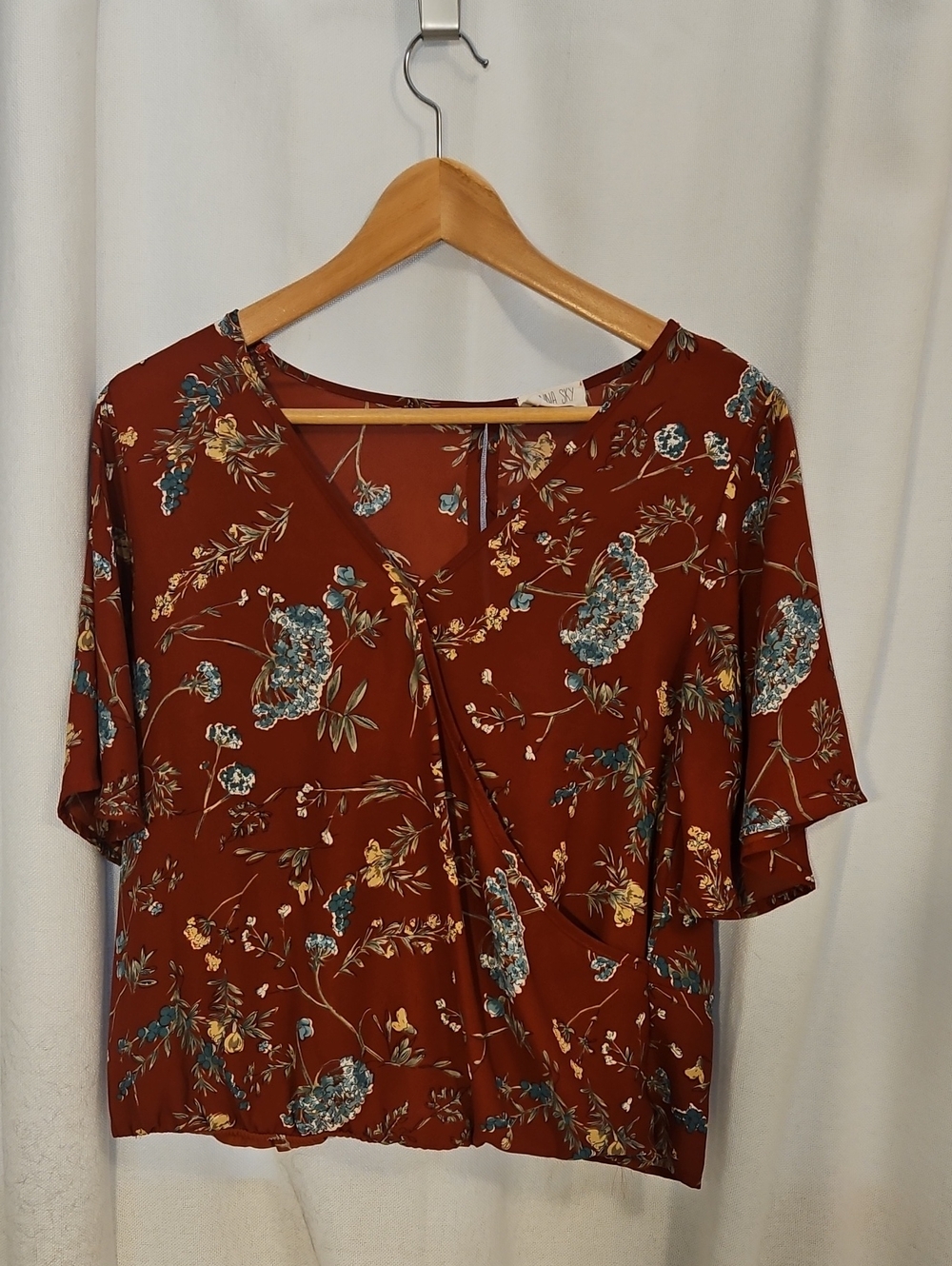 Sienna Sky Rust Floral Wrap Blouse with Short Sleeves